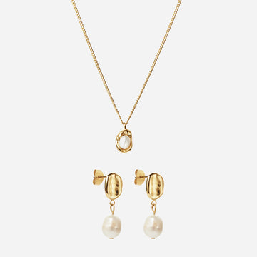 Melted Pearl Necklace + Melted Drop Pearl Earrings 18k Gold Plated