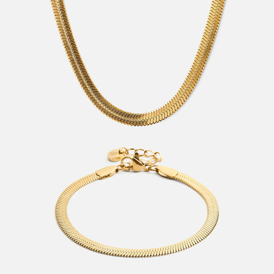 Flat snake necklace + bracelet 18K Gold Plated 4mm