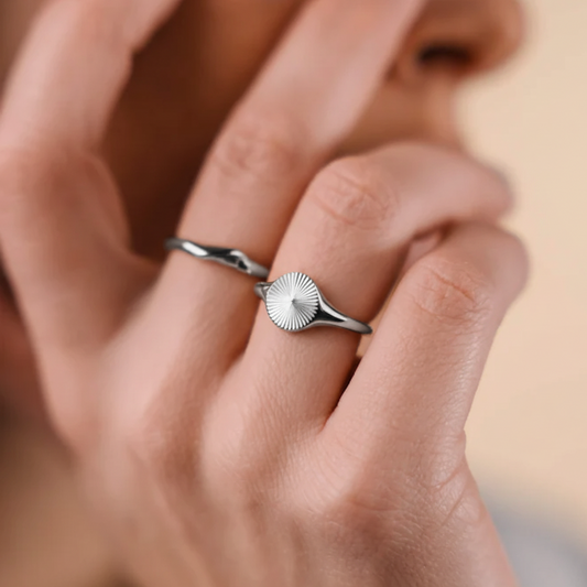 Sun Signet Round Ring Silver Colored