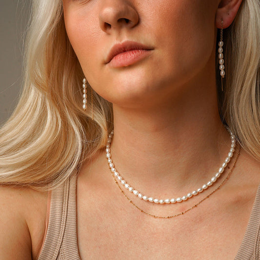 Pearl earrings + pearl necklace 18K Gold Plated