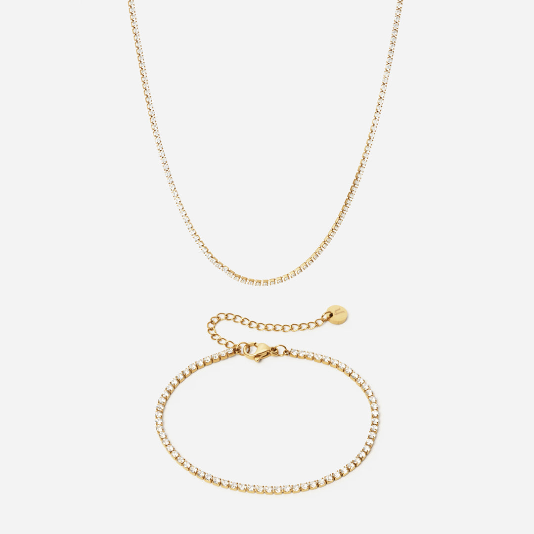 Zircon Tennis Bracelet + Necklace 18K Gold Plated