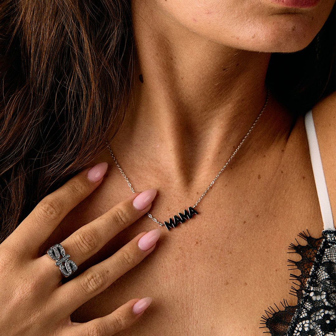 Mama Necklace & MOM Ring Silver Colored