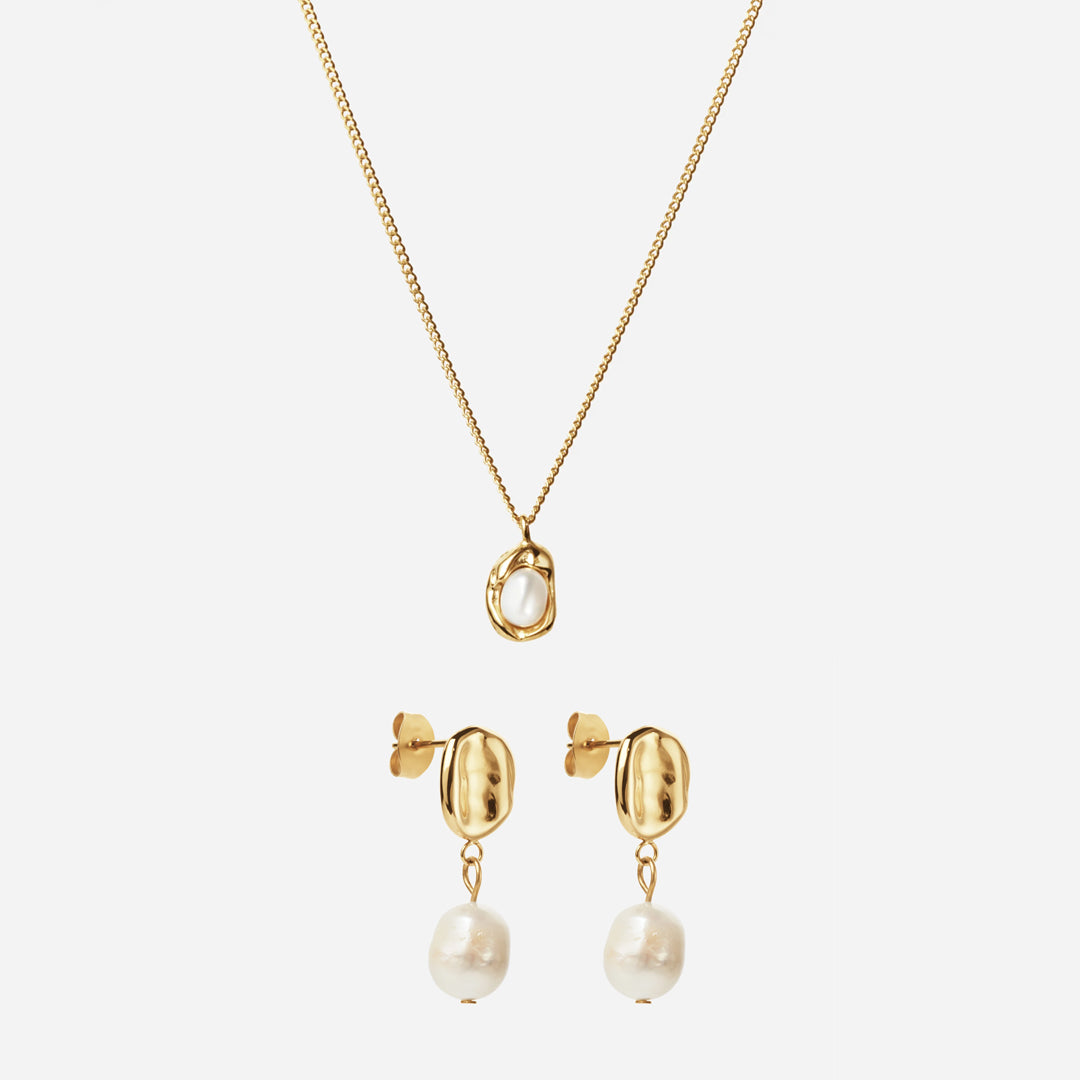 Melted Pearl Necklace + Melted Drop Pearl Earrings 18k Gold Plated