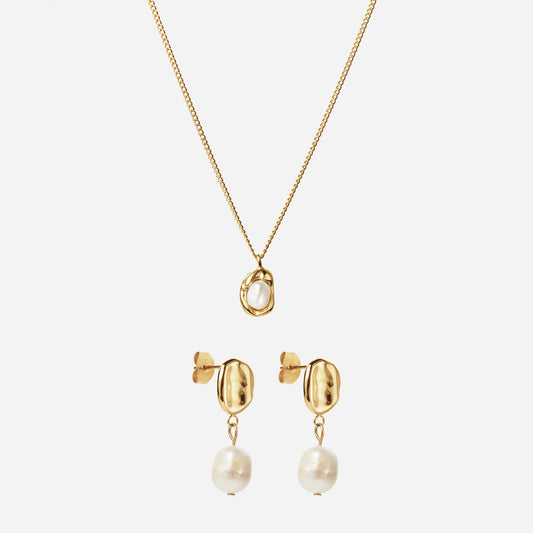 Melted Pearl Necklace + Melted Drop Pearl Earrings 18k Gold Plated