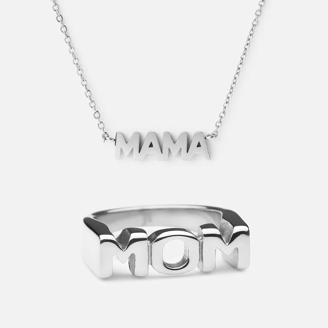 Mama Necklace & MOM Ring Silver Colored
