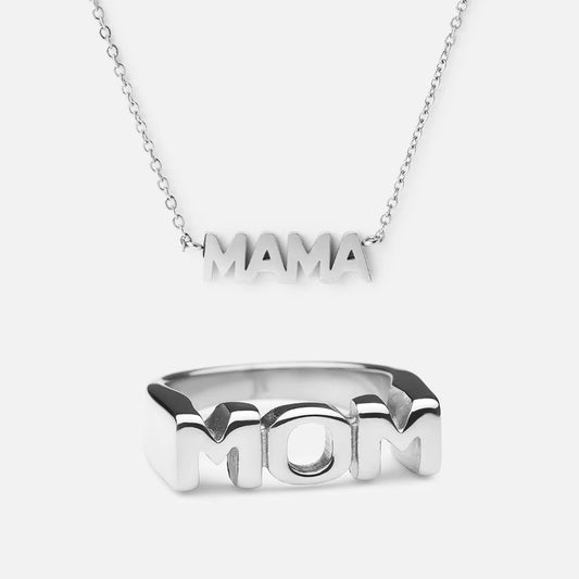 Mama Necklace & MOM Ring Silver Colored