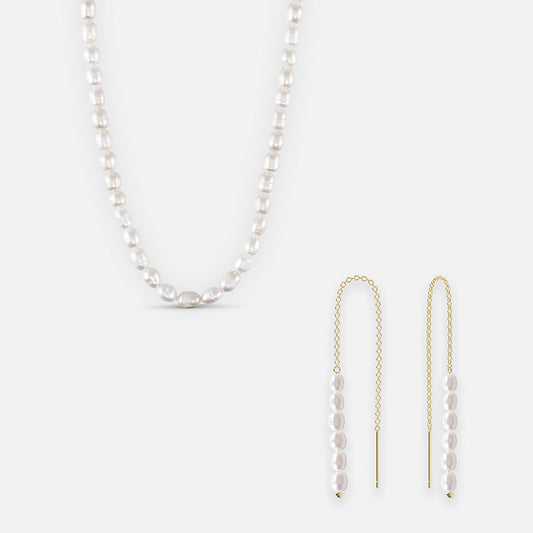 Pearl earrings + pearl necklace 18K Gold Plated
