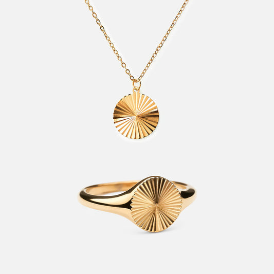 Round Sun Necklace & Sun Signet Ring 18K Gold Plated