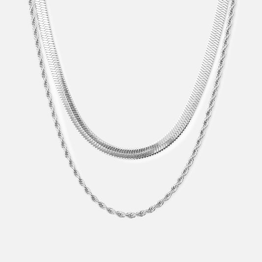 Twisted Rope + Flat Snake Necklace Silver Colored